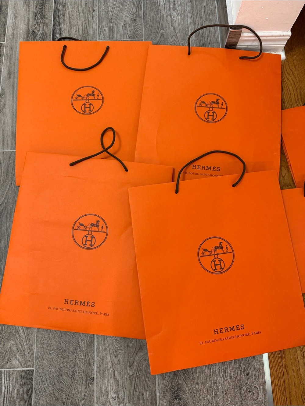 Hermes Bright Orange Paper Shopping Bags with Black Rope Handles - Set